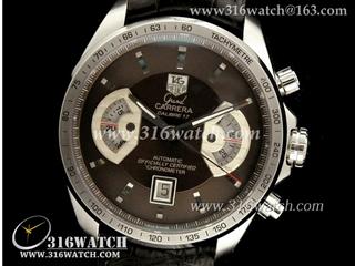 高仿豪雅TAGHeuer 卡来拉系列 左右扇形 咖啡色表盘 黑色皮带 亚洲7750机芯 完美复制1:1版本 TAG0132