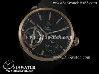 高仿豪雅TAGHeuer 卡来拉系列 18 k玫瑰金边框 黑色PVD表壳 黑色表盘 黑色橡胶表带 亚洲6498机芯 TAG0152