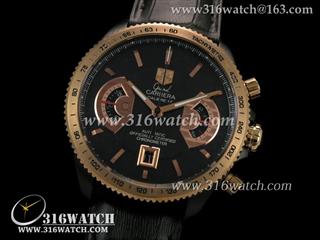 高仿豪雅TAGHeuer 卡来拉系列 黑色钛金属表壳 18 k玫瑰金镀边框 黑色表盘 黑色皮带 亚洲7750机芯 完美复制1:1版本 TAG0138