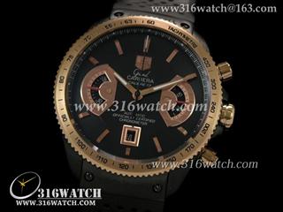 高仿豪雅TAGHeuer 卡来拉系列 黑色钛金属表壳 18k玫瑰金镀边框 黑色表盘 黑色橡胶表带 亚洲7750机芯 完美复制1:1版本 TAG0139