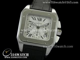 卡地亚CARTIER 山度士系列 W20090X8 最终版本 抛光边框 白色表盘 黑色皮表带 亚洲计时7750机芯 高仿1:1卡地亚手表 CTR0056