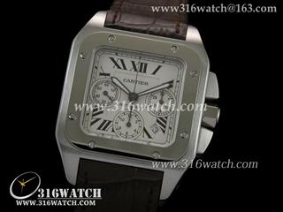 卡地亚CARTIER 山度士系列 W20090X8 最终版本 抛光边框 白色表盘 核桃色皮带 亚洲计时7750机芯 高仿1:1卡地亚手表 CTR0057