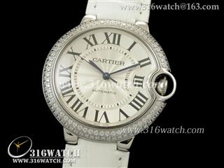 卡地亚CARTIER-蓝气球系列 中号36MM 镶钻边框 银白色雕纹表盘 白色皮带 瑞士ETA-2671机芯 高仿复制1:1卡地亚手表 CTR0068