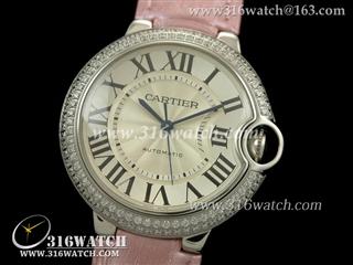 卡地亚CARTIER 蓝气球系列V6 中号36MM 镶钻边框 银白色雕纹表盘 粉红色皮带 瑞士ETA-2671机芯 高仿复制1:1卡地亚手表 CTR0069