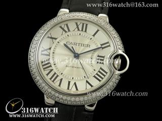 卡地亚CARTIER-蓝气球系列 中号36MM 镶钻边框 银白色雕纹表盘 黑色皮带 瑞士ETA-2671机芯 高仿复制1:1卡地亚手表 CTR0070
