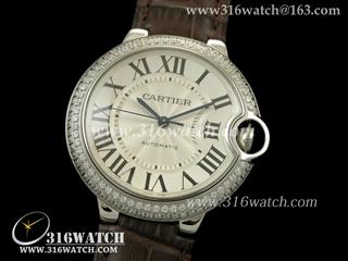 卡地亚CARTIER 蓝气球系列 中号36MM 镶钻边框 银白色雕纹表盘 棕色皮带 瑞士ETA-2671机芯 高仿复制1:1卡地亚手表 CTR0071