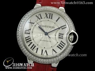 卡地亚CARTIER-蓝气球系列 中号36MM 镶钻边框 银白色雕纹表盘 红色皮带 瑞士ETA-2671机芯 高仿复制1:1卡地亚手表 CTR0072