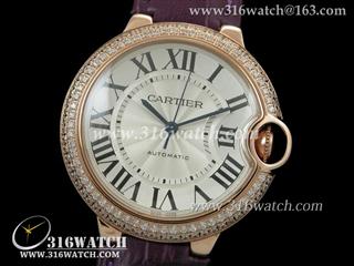 卡地亚CARTIER蓝气球系列 中号36MM 18k玫瑰金电镀 银白色雕纹表盘 紫色皮带 瑞士ETA-2671机芯 高仿复制1:1卡地亚手表 CTR0073