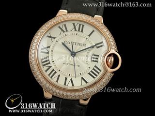 卡地亚CARTIER 蓝气球系列 中号36MM 18k玫瑰金电镀 银白色雕纹表盘 黑色皮带 瑞士ETA-2671机芯 高仿复制1:1卡地亚手表 CTR0074