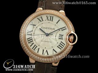 卡地亚CARTIER-蓝气球系列 中号36MM 18k玫瑰金电镀 银白色雕纹表盘 棕色皮带 瑞士ETA-2671机芯 高仿复制1:1卡地亚手表 CTR0075