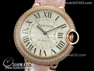 卡地亚CARTIER 蓝气球系列 中号36MM 18 k玫瑰金电镀 银白色雕纹表盘 粉红色皮带 瑞士ETA-2671机芯 高仿复制1:1卡地亚手表 CTR0076
