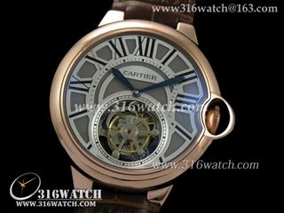 卡地亚CARTIER 蓝气球系列 陀飞轮 18 k玫瑰金电镀表壳 深灰色表盘 棕色皮带 海欧飞轮机芯 高仿卡地亚手表 CTR0090