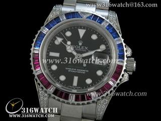 劳力士ROLEX-格林威治型II系列 GMT 镶钻边壳 红/蓝宝石边框 黑色表盘 瑞士ETA-2836机芯 高仿劳力士终级版 RL0173