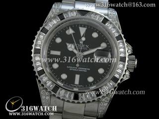 劳力士ROLEX-格林威治型II系列 GMT 镶钻边壳 黑/白宝石边框 黑色表盘 瑞士ETA-2836机芯 高仿劳力士终级版 RL0171