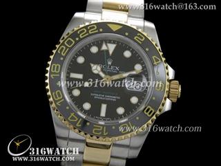 劳力士ROLEX-格林威治型II系列 18 k黄金电镀 陶瓷数字边框 绿色GMT针 黑色表盘 瑞士ETA-2836机芯 高仿劳力士1:1N版 RL0172