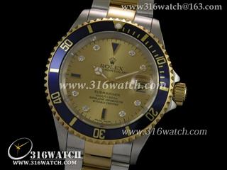 劳力士ROLEX-潜航者型系列 SUB 18K镀间金 蓝色数字钛边框 黄金镶钻表盘 瑞机ETA-2836机芯 高仿1:1顶级版本 RL0199