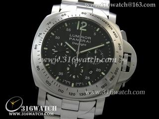 高仿沛纳海PANERAI手表 Luminor Automatic Chrono系列 PAM236K 黑色表盘 精钢表链 计时7753机芯 终级1:1 Noob版本 PM0056