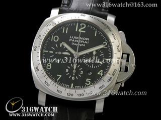 高仿沛纳海PANERAI手表 Luminor Automatic Chrono系列 PAM196H 黑色表盘 黑色皮表带 计时7753机芯 终级1:1 Noob版本 PM0052