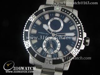 雅典ULYSSE NARDIN-Maxi Marine Diver系列 黑色边框 黑色波浪表盘 精钢表链 亚洲A23J自动机芯 高仿1:1Noob版本 UN0013