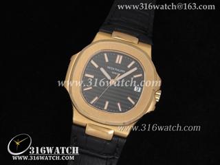 百达翡丽Patek Philippe-Nautilus系列 18 k玫瑰金镀表壳 黑色条纹表盘 黑色牛皮表带 瑞士SW-200机芯 高仿1:1百达翡丽手表 PP0008