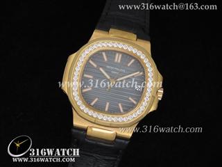 百达翡丽Patek Philippe-Nautilus系列 镶钻表框 18 k玫瑰金镀表壳 蓝色条纹表盘 黑色牛皮表带 瑞士SW-200机芯 高仿1:1百达翡丽手表 PP0009