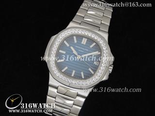 百达翡丽Patek Philippe-Nautilus系列 男士机械表 镶钻表框 蓝色表盘 精钢表链 瑞士SW-200机芯 高仿1:1百达翡丽手表 PP0012