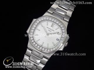 百达翡丽Patek Philippe-Nautilus系列 镶钻表框 白色表盘 黑色格仔表盘 精钢表链 瑞士ETA-2824机芯 高仿百达翡丽手表 PP0014