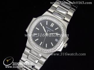百达翡丽Patek Philippe-Nautilus系列 镶钻表框 黑色表盘 黑色格仔表盘 精钢表链 瑞士ETA-2824机芯 高仿百达翡丽手表 PP0016