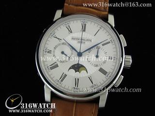 高仿百达翡丽Patek Philippe手表 经典系列 男士机械表 白色表盘 棕色牛皮表带 计时手动上链机芯 PP0017