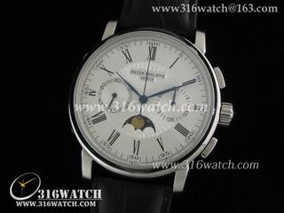 高仿百达翡丽Patek Philippe手表 经典系列 男士机械表 白色表盘 黑色牛皮表带 计时手动上链机芯 PP0018