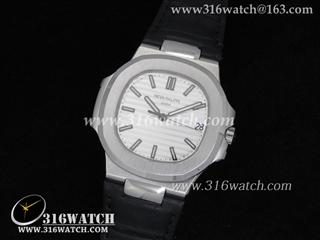百达翡丽Patek Philippe-Nautilus系列 男士机械表 白色表盘 黑色牛皮表带 瑞士SW-200机芯 高仿1:1百达翡丽手表 PP0001
