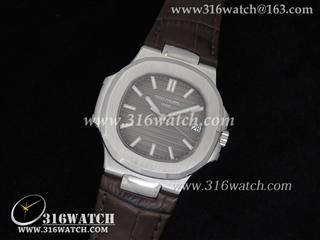百达翡丽Patek Philippe-Nautilus系列 男士机械表 灰色条纹表盘 核桃色牛皮表带 瑞士SW-200机芯 高仿1:1百达翡丽手表 PP0003