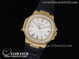 百达翡丽Patek Philippe-Nautilus系列 镶钻表框 18 k玫瑰金镀表壳 白色条纹表盘 黑色牛皮表带 瑞士SW-200机芯 高仿1:1百达翡丽手表 PP0006