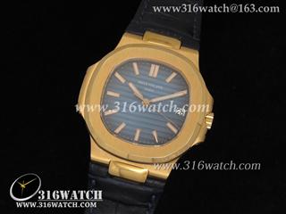 百达翡丽Patek Philippe-Nautilus系列 18 k玫瑰金镀表壳 蓝色条纹表盘 黑色牛皮表带 瑞士SW-200机芯 高仿1:1百达翡丽手表 PP0007