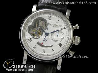 高仿百达翡丽 Patek Philippe手表 日内瓦系列 不锈钢表壳 白色表盘 飞轮 动能显示 黑色牛皮表带 海鸥手上链机芯 PP0020