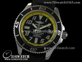 高仿百年灵Breitling 手表 超级海洋系列 42mm 不锈钢表壳 黑色表盘 黄色内圈 黑色橡胶带表带 瑞士ETA2824全自动上链机芯 1：1 Noob版 BL0042