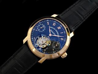 精仿 爱彼AP-Jules Audemars系列18k玫瑰金电镀表壳 陀飞轮 GMT 黑色面 黑色皮带 海鸥飞轮机芯 AP0082