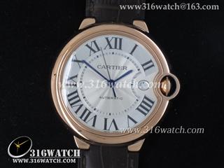 卡地亚CARTIER 蓝气球系列 大号42MM 1:1 18k玫瑰金表壳 银白色雕纹表盘 棕色皮表带 瑞士ETA-2824机芯 CTR0103
