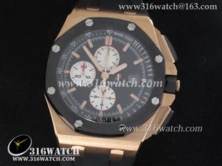 爱彼AP-皇家橡树离岸型系列44MM 18K玫瑰电镀金表壳 Noob 1:1 黑色表盘 高级黑色橡胶表带 亚洲7750计时自动上链机芯 精仿最佳版本 AP0087