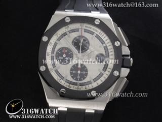爱彼AP-皇家橡树离岸型系列44MM 不锈钢表壳 Noob 1:1 白色表盘 高级黑色橡胶表带 亚洲7750计时自动上链机芯 精仿最佳版本 AP0085