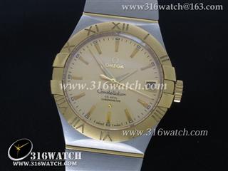 欧米茄Omega-星座系列 雕刻罗马边框 18k 间黄金电镀 黄金面条丁表盘 精钢表链 瑞士sw-200机芯 高仿1:1 欧米茄手表 OMG0116