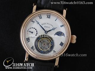 1:1高仿百达翡丽Patek Philippe经典系列 18K玫瑰金表壳 月相显示 白色表盘 黑色牛皮表带海鸥手动上链陀飞轮机芯 PP0025