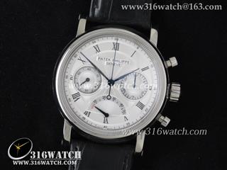百达翡丽Patek Philippe 经典系列 男士机械表 动能储存显示 白色表盘 黑色牛皮表带 计时手动上链机芯 PP0024