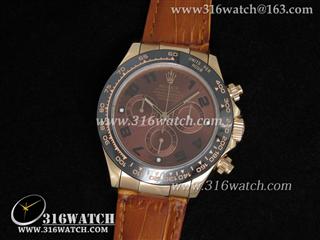 劳力士Rolex-地通拿系列 Daytona 18K玫瑰电镀金表壳 黑陶瓷表圈 咖啡色表盘 棕色牛皮表带A7750机芯 高仿劳力士手表 RL0250