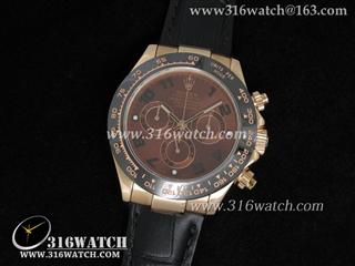 劳力士Rolex-地通拿系列 Daytona 18K玫瑰电镀金表壳 黑陶瓷表圈 棕色表盘 黑色牛皮表带A7750机芯 高仿劳力士手表 RL0251