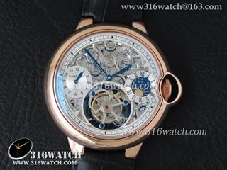 卡地亚CARTIER 蓝气球系列 18k玫瑰金电镀表壳 镂空表盘 GMT 月相显示 黑色牛皮表带 海欧陀飞轮手上链机芯 1：1高仿卡地亚陀飞轮手表 CTR0117