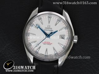 欧米茄Omage-Aqua Terra系列 150M KW 1:1最佳版 不锈钢表盘 白色表盘 黑色牛皮表带 A8500自动机械表 高仿欧米茄手表 OMG0124
