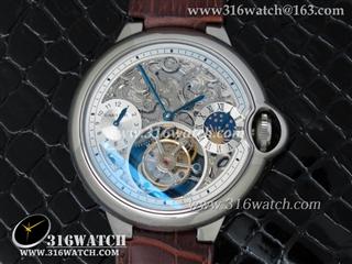 卡地亚CARTIER 蓝气球系列 316L不锈钢表壳 镂空表盘 GMT 月相显示 棕色牛皮表带 海欧陀飞轮手上链机芯 高仿卡地亚手表 CTR0119