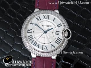 卡地亚CARTIER-蓝气球系列 36MM 1:1 V6版 镶钻表圈银白色雕纹表盘 紫色小牛皮表带 瑞士ETA-2671机芯 CTR0121