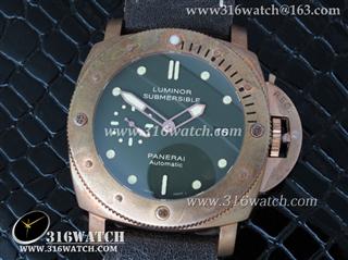 沛纳海Luminor Submersible系列 PAM382 N 潜水者 真正青铜表壳 KW 1：1 版本 绿灰色表盘 棕色仿旧小牛皮表带A7750全自动P9000机芯 PM00179